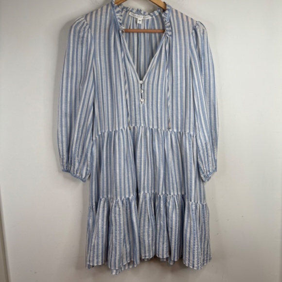 Veronica Beard Hawken Dress 6 Stripe Puff Sleeves Tiered Linen Silk Coastal READ - Picture 3 of 14